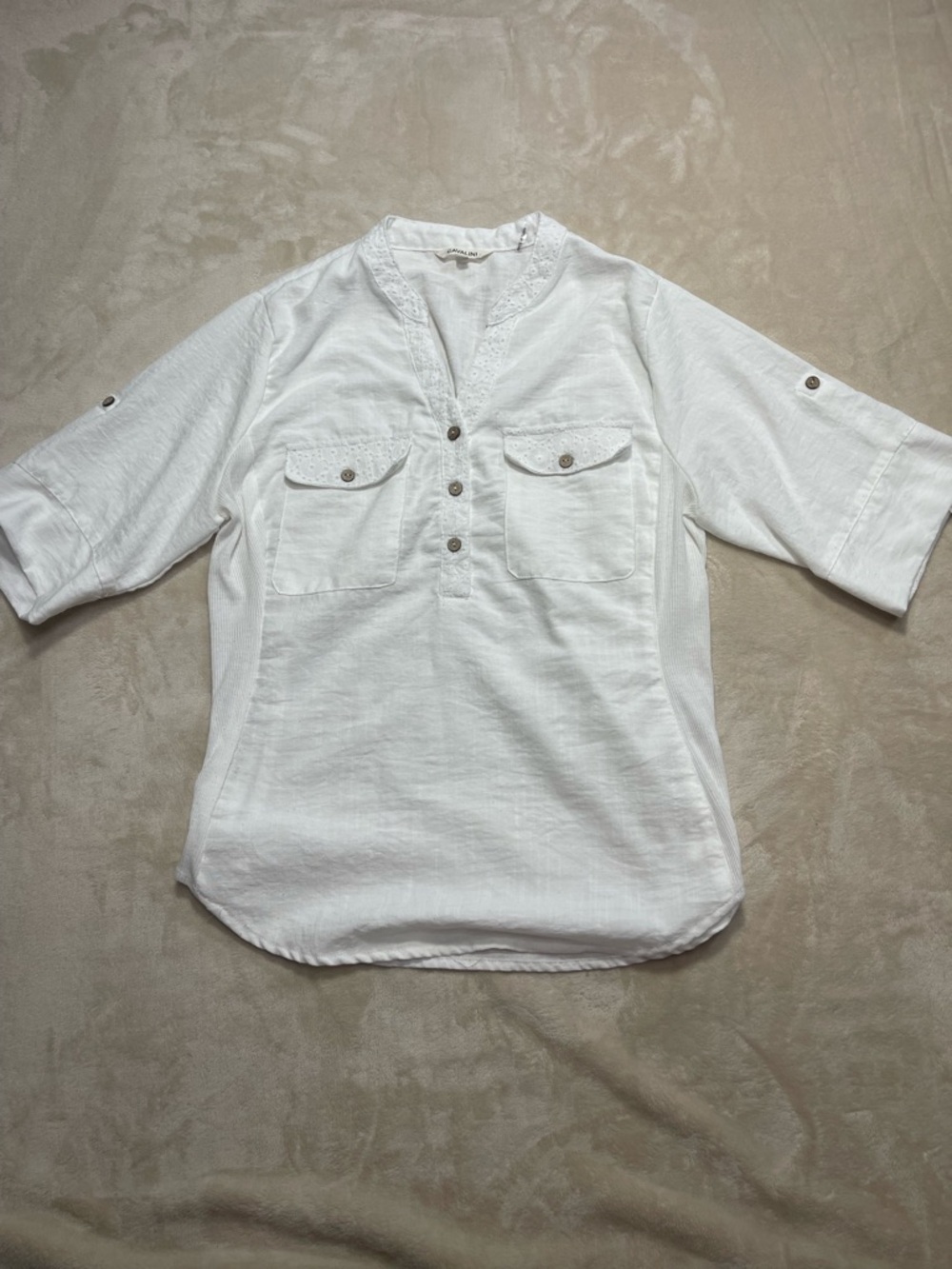 Cavalini White Eyelet Trim Roll Tab Blouse Size Large Boho Chic